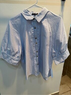 Blue and White Striped Button-Up Top